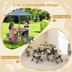 Kids Picnic Table Bench Set Fir Wood Octagon Table with 4 Chairs & Stripe Fabric Umbrella, Toddler Activity Table for Outdoor Garden Backyard