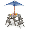 Kids Picnic Table Bench Set Fir Wood Octagon Table with 4 Chairs & Stripe Fabric Umbrella, Toddler Activity Table for Outdoor Garden Backyard