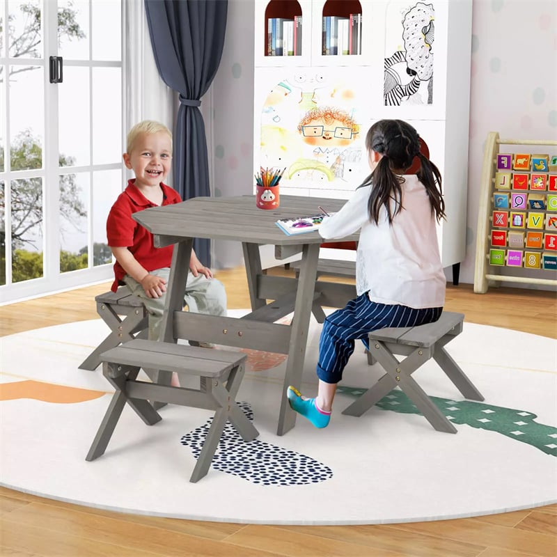 Kids Picnic Table Bench Set Fir Wood Octagon Table with 4 Chairs & Stripe Fabric Umbrella, Toddler Activity Table for Outdoor Garden Backyard