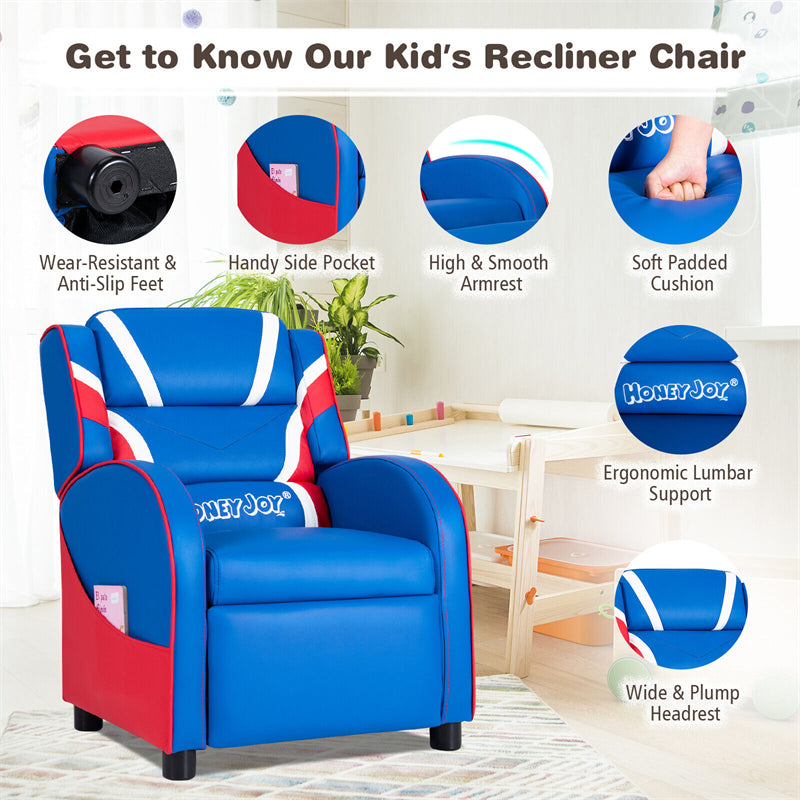 Kids Recliner Chair Adjustable Gaming Recliner Ergonomic Leather Sofa with Lumbar Support & Side Pockets