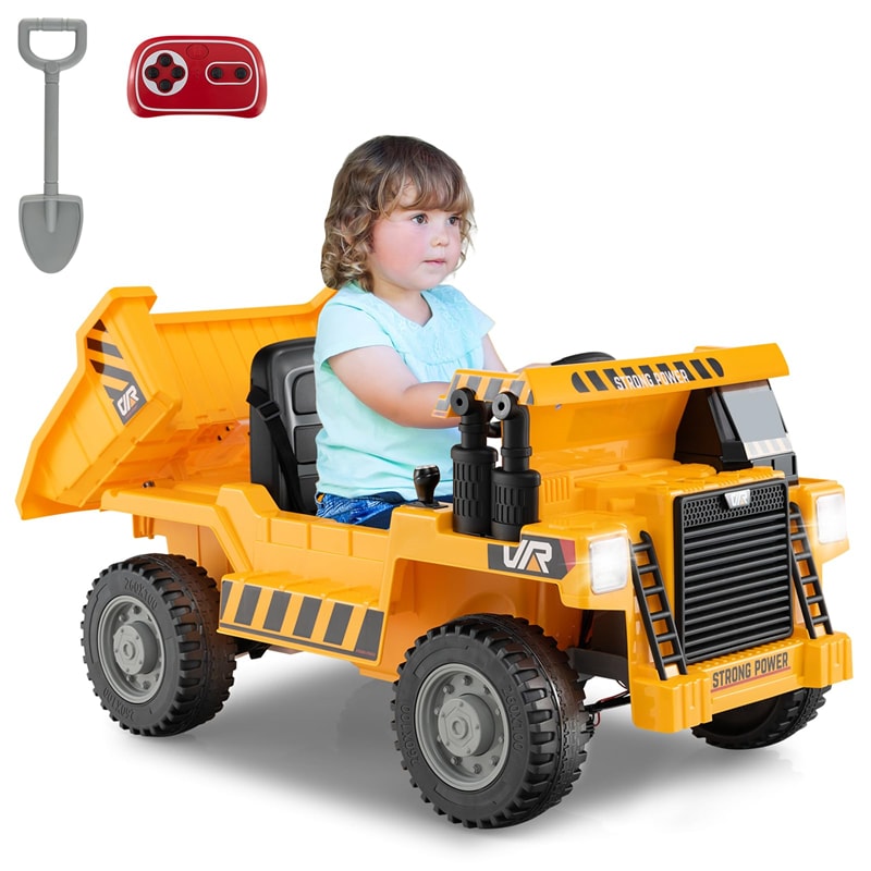 Kids Ride On Dump Truck 12V Battery Ride On Car with Electric Dump Bed, Remote Control & LED Lights, Ride On Construction Vehicle for Kids 3+