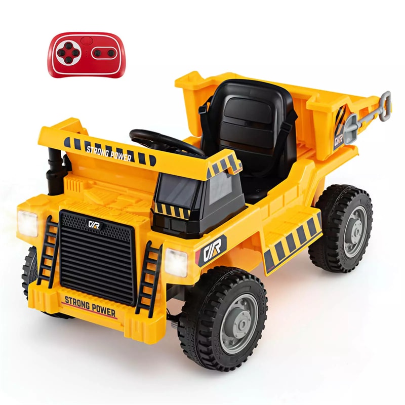 Kids Ride On Dump Truck 12V Battery Ride On Car with Electric Dump Bed, Remote Control & LED Lights, Ride On Construction Vehicle for Kids 3+