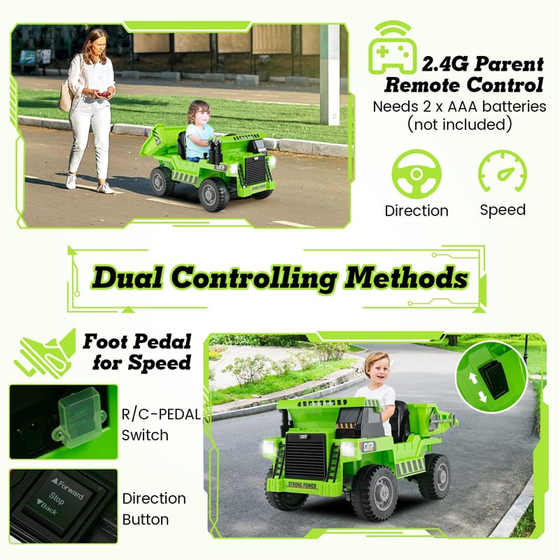 Kids Ride On Dump Truck 12V Battery Ride On Car with Electric Dump Bed, Remote Control & LED Lights, Ride On Construction Vehicle for Kids 3+