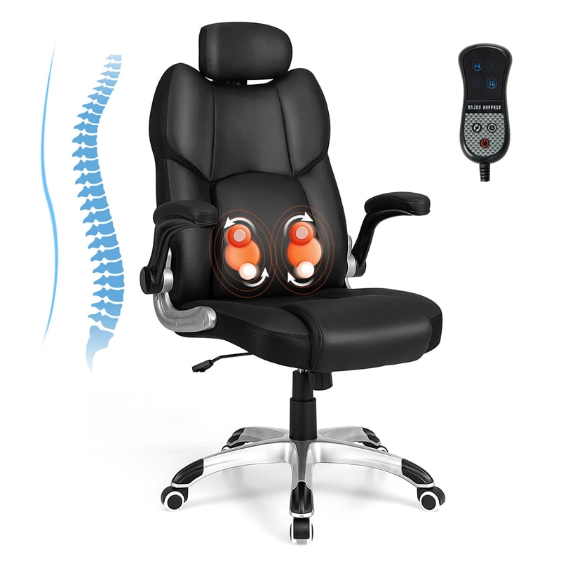 Kneading Massage Executive Office Chair Faux Leather Swivel Computer Desk Chair with Adjustable Headrest Lumbar Support Flip-up Armrests & Remote