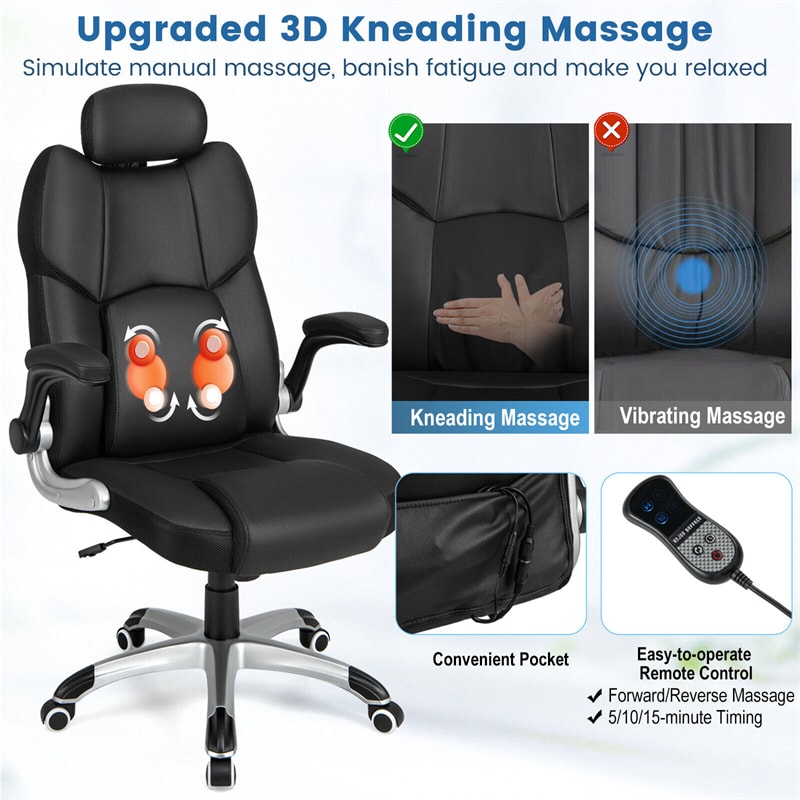 Kneading Massage Executive Office Chair Faux Leather Swivel Computer Desk Chair with Adjustable Headrest Lumbar Support Flip-up Armrests & Remote