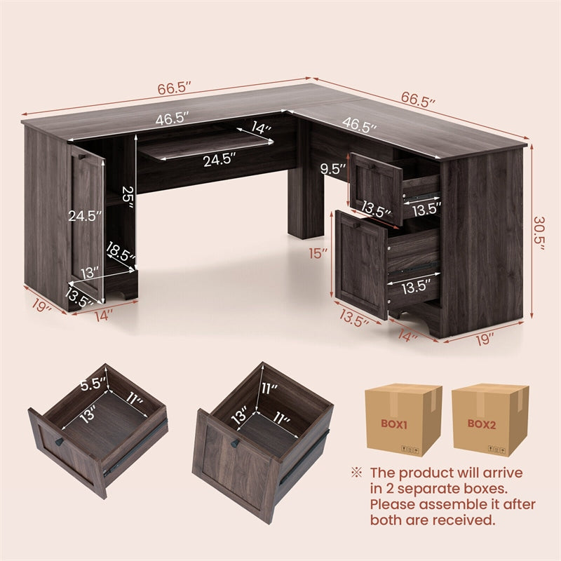 66.5" L-Shaped Home Office Desk Corner Computer Desk Space Saving Desk with Storage Drawers Adjustable Shelf & Keyboard Tray