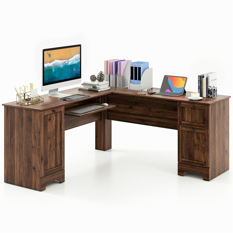 66.5" L-Shaped Home Office Desk Corner Computer Desk Space Saving Desk with Storage Drawers Adjustable Shelf & Keyboard Tray