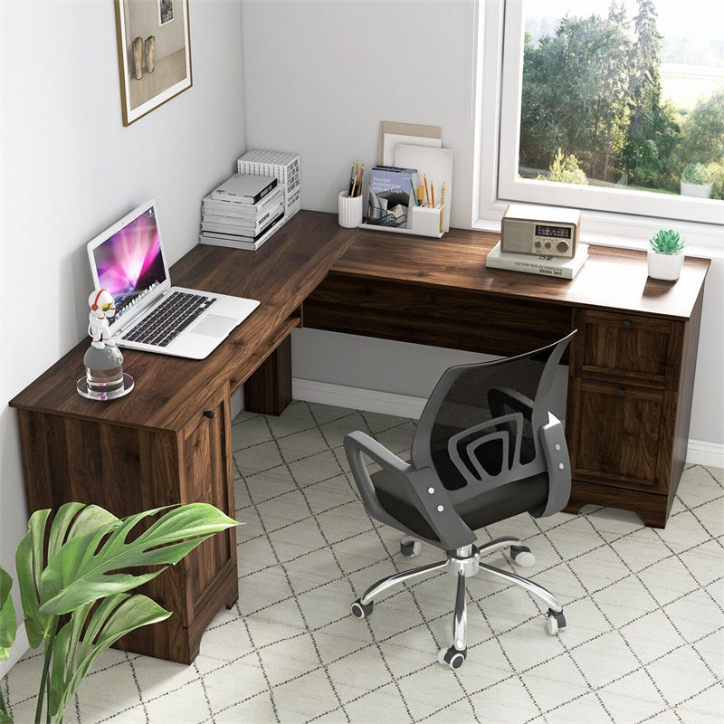 66.5" L-Shaped Home Office Desk Corner Computer Desk Space Saving Desk with Storage Drawers Adjustable Shelf & Keyboard Tray