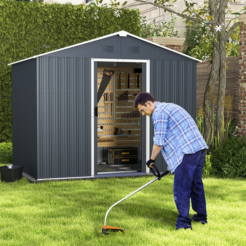 Large Metal Storage Shed 5.7' x 7.5' Outdoor Garden Tool House Bike Shed with Ground Foundation Frame & Lockable Sliding Door