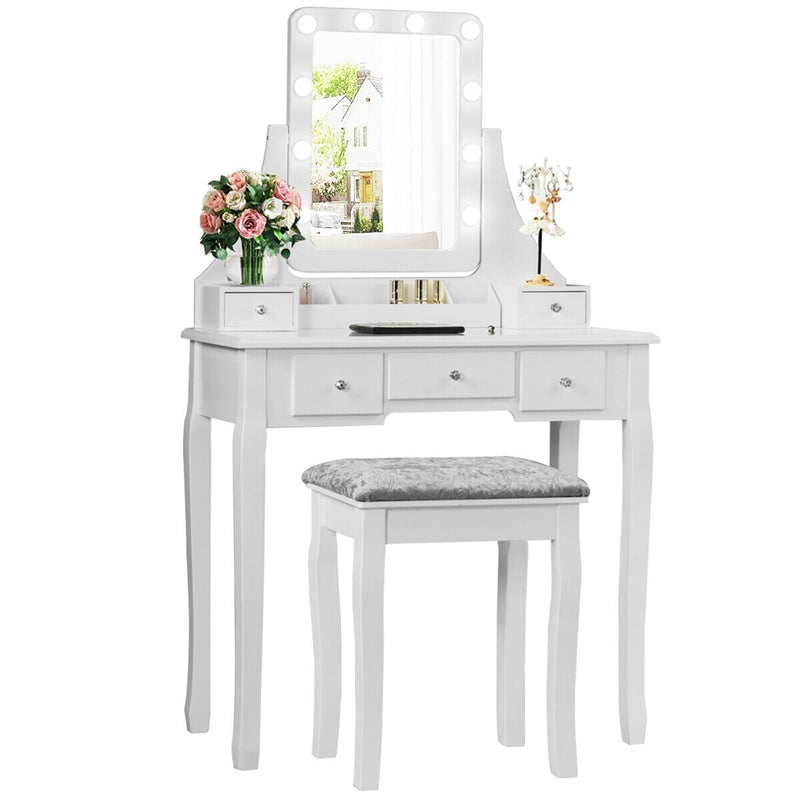 Makeup Vanity Set With Lighted Mirror & Cushioned Stool, Bedroom Dressing Table with 10 Dimming Light Bulbs & 5 Storage Drawers