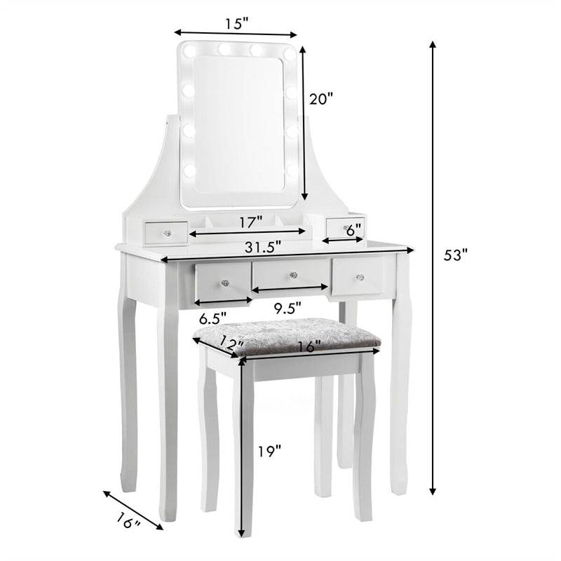 Makeup Vanity Set With Lighted Mirror & Cushioned Stool, Bedroom Dressing Table with 10 Dimming Light Bulbs & 5 Storage Drawers