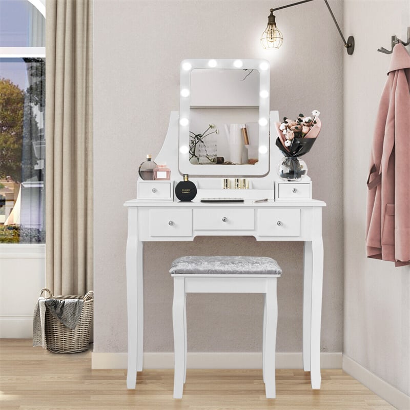 Makeup Vanity Set With Lighted Mirror & Cushioned Stool, Bedroom Dressing Table with 10 Dimming Light Bulbs & 5 Storage Drawers