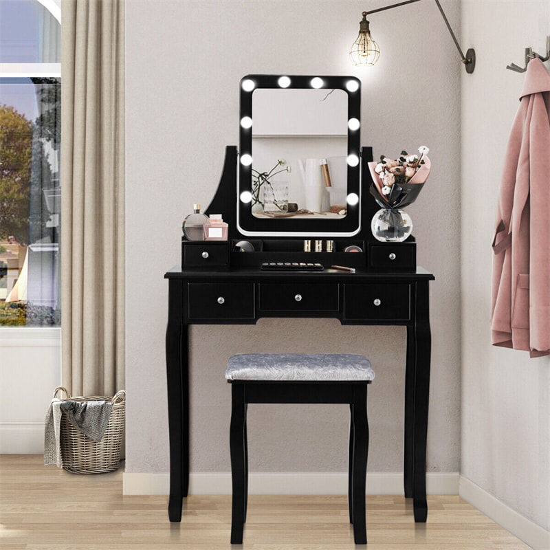 Makeup Vanity Set With Lighted Mirror & Cushioned Stool, Bedroom Dressing Table with 10 Dimming Light Bulbs & 5 Storage Drawers