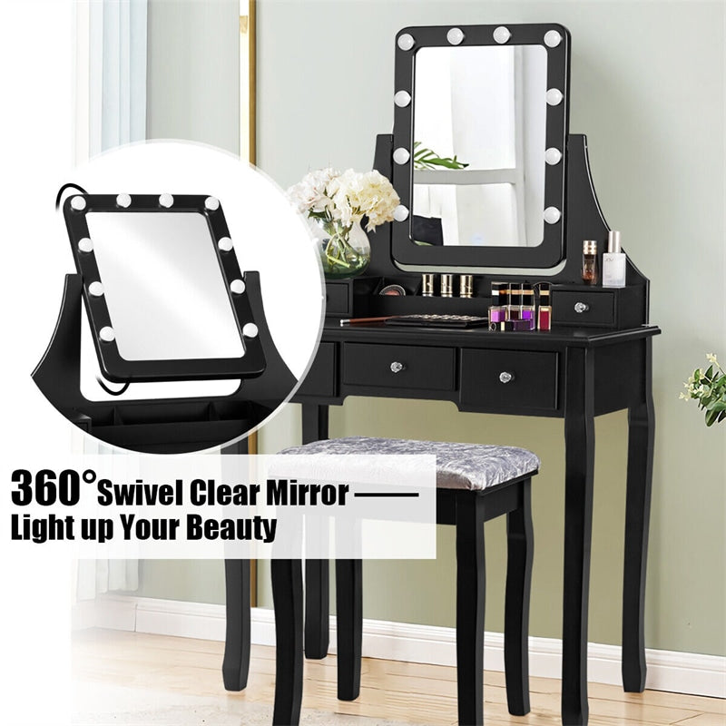 Makeup Vanity Set With Lighted Mirror & Cushioned Stool, Bedroom Dressing Table with 10 Dimming Light Bulbs & 5 Storage Drawers