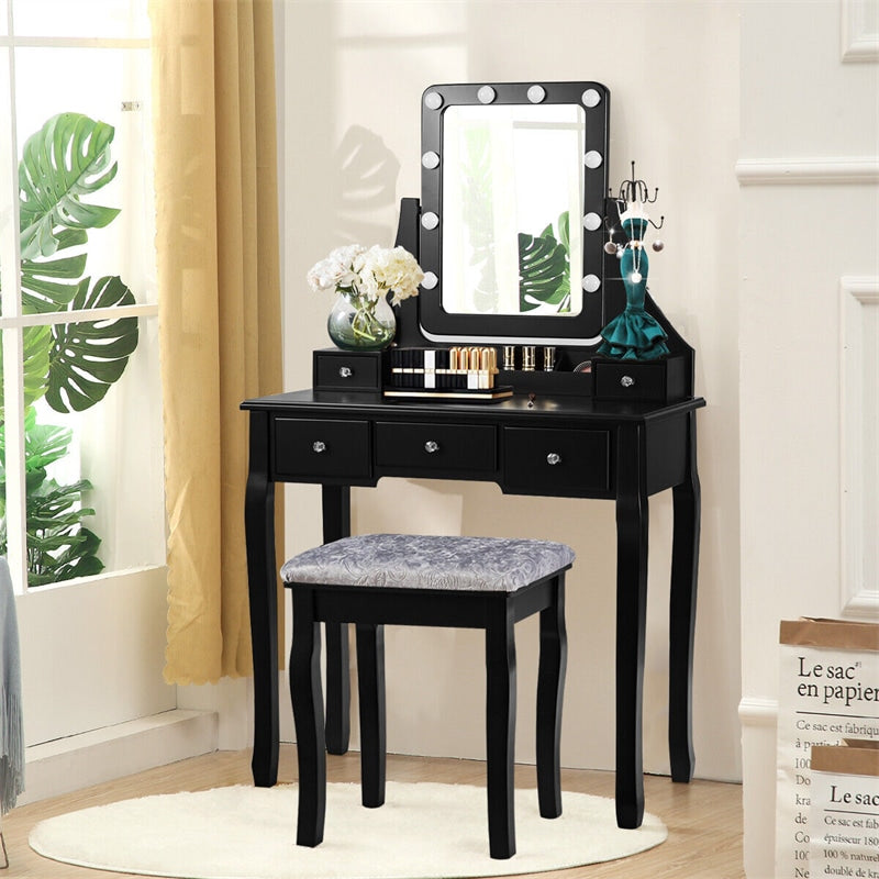 Makeup Vanity Set With Lighted Mirror & Cushioned Stool, Bedroom Dressing Table with 10 Dimming Light Bulbs & 5 Storage Drawers