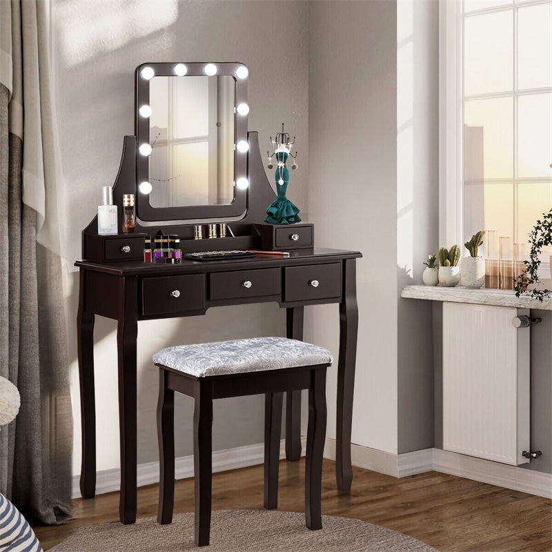 Makeup Vanity Set With Lighted Mirror & Cushioned Stool, Bedroom Dressing Table with 10 Dimming Light Bulbs & 5 Storage Drawers