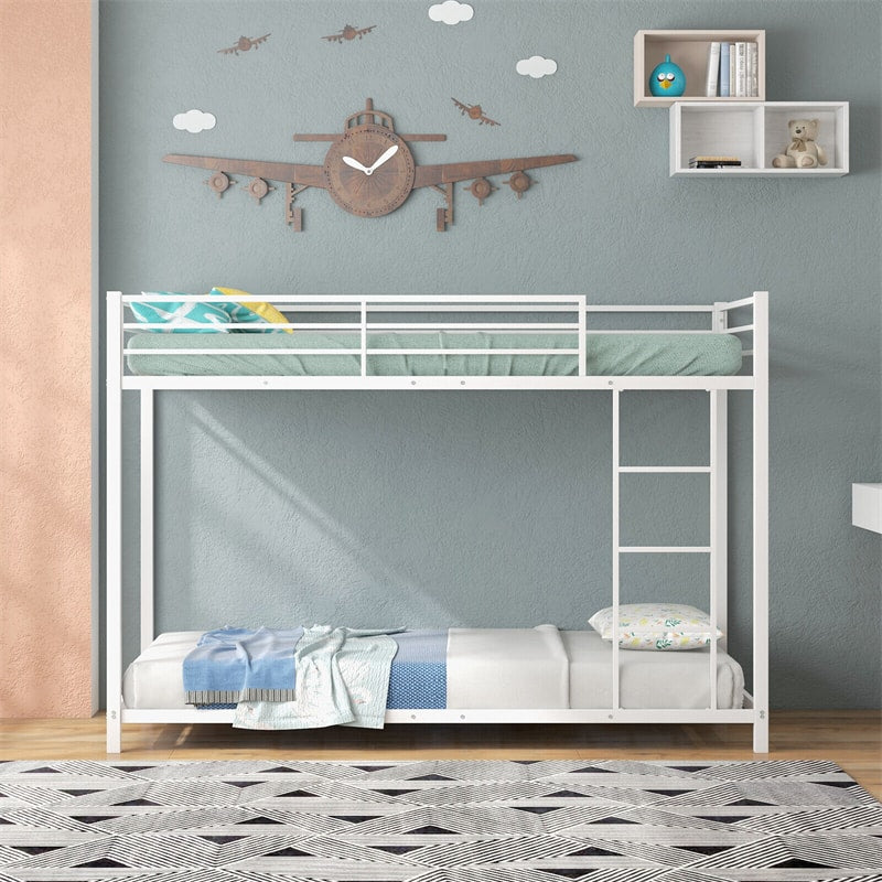 Metal Bunk Bed Twin Over Twin Heavy Duty Low Profile Bunk Bed Frame Space Saving with Full Length Safety Guardrail & Ladder for Kids Adults