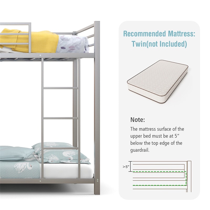 Metal Bunk Bed Twin Over Twin Heavy Duty Low Profile Bunk Bed Frame Space Saving with Full Length Safety Guardrail & Ladder for Kids Adults