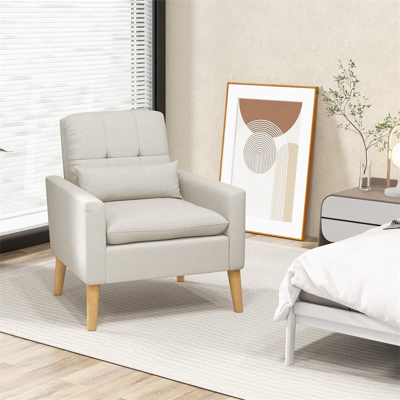 Linen Fabric Accent Chair Mid-Century Modern Armchair Comfy Single Sofa Chair with Lumbar Pillow, Rubber Wood Legs, Seat & Back Cushions