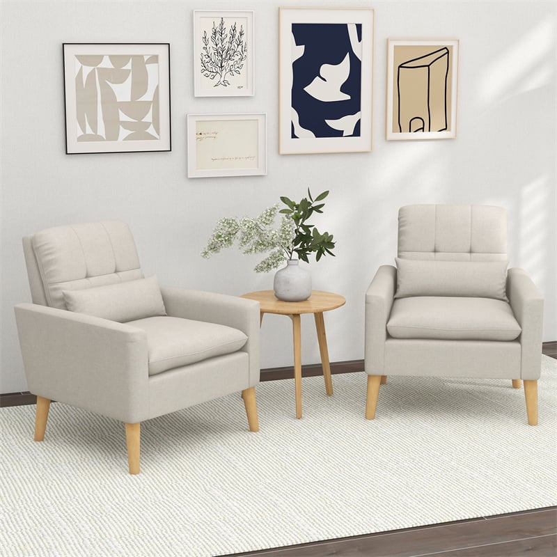 Linen Fabric Accent Chair Mid-Century Modern Armchair Comfy Single Sofa Chair with Lumbar Pillow, Rubber Wood Legs, Seat & Back Cushions