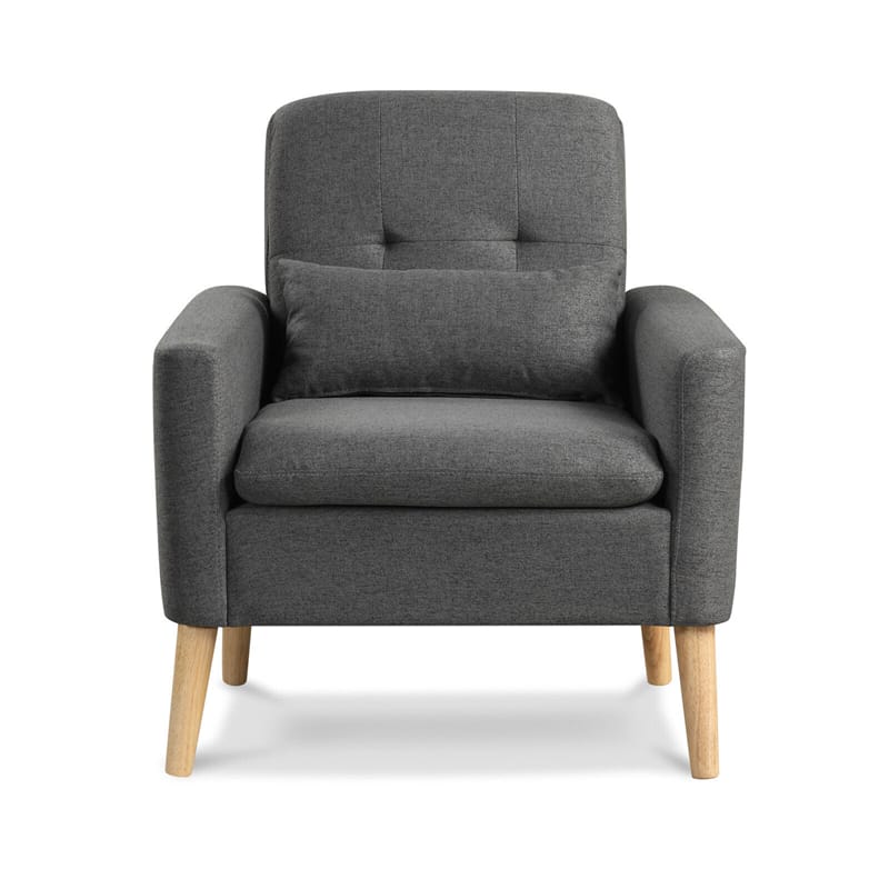 Linen Fabric Accent Chair Mid-Century Modern Armchair Comfy Single Sofa Chair with Lumbar Pillow, Rubber Wood Legs, Seat & Back Cushions