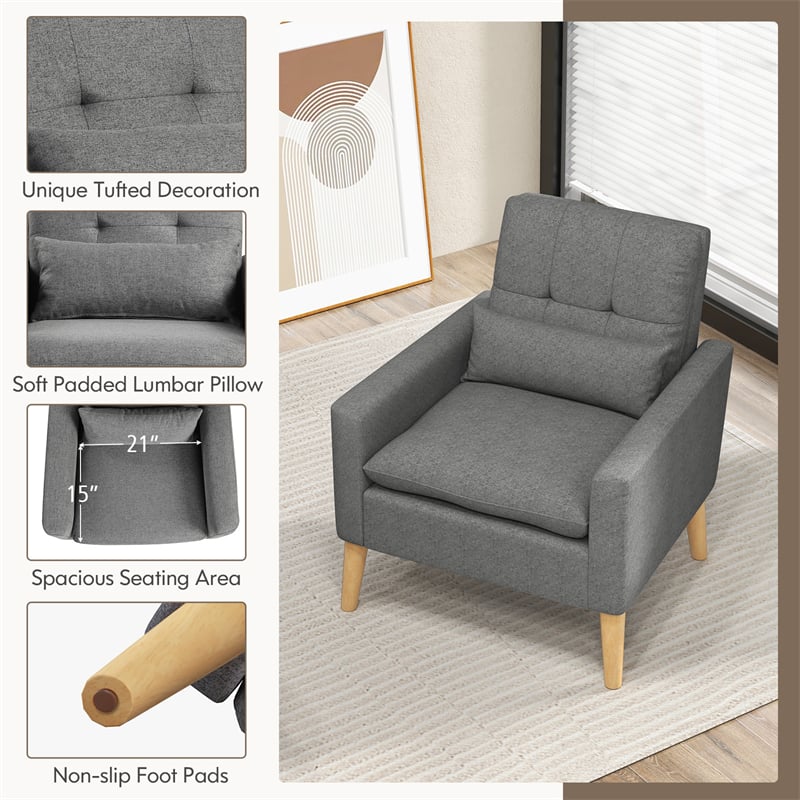 Linen Fabric Accent Chair Mid-Century Modern Armchair Comfy Single Sofa Chair with Lumbar Pillow, Rubber Wood Legs, Seat & Back Cushions