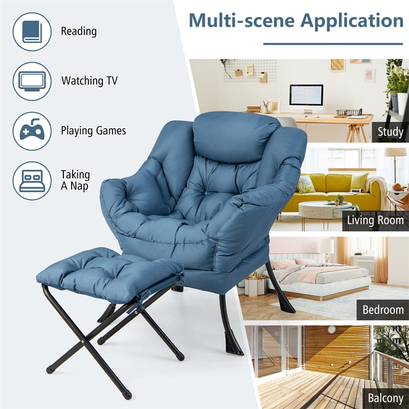 Lazy Chair Modern Fabric Leisure Lounge Armchair Upholstered Accent Sofa Chair with Folding Ottoman & Storage Pocket