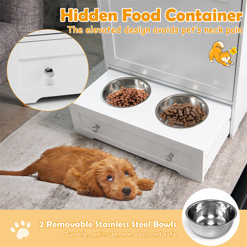 Pet Feeder Station Dog Food Storage Cabinet Dog Feeding Station Furniture with 2 Pull-out Dog Bowls for Watering & Feeding Supplies