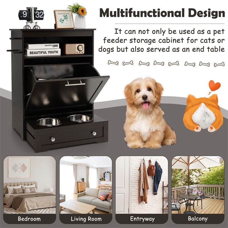 Pet Feeder Station Dog Food Storage Cabinet Dog Feeding Station Furniture with 2 Pull-out Dog Bowls for Watering & Feeding Supplies