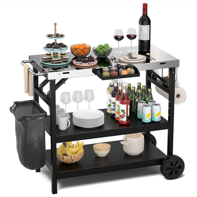 Outdoor Grill Cart 3-Tier Movable Food Prep Table Stainless Steel Kitchen Work Table with Wheels, Spice Rack & Garbage Bag Holder