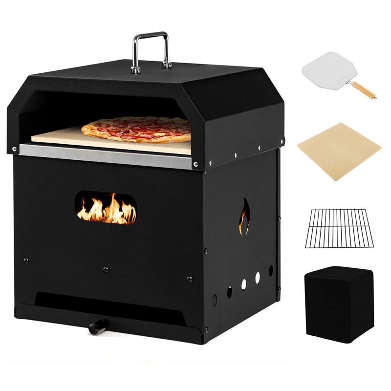 4-in-1 Multipurpose Outdoor Pizza Oven 2-Layer Wood Fired Pizza Oven Detachable Grill Oven Fire Pit with Ash Tray, Pizza Stone & Waterproof Cover