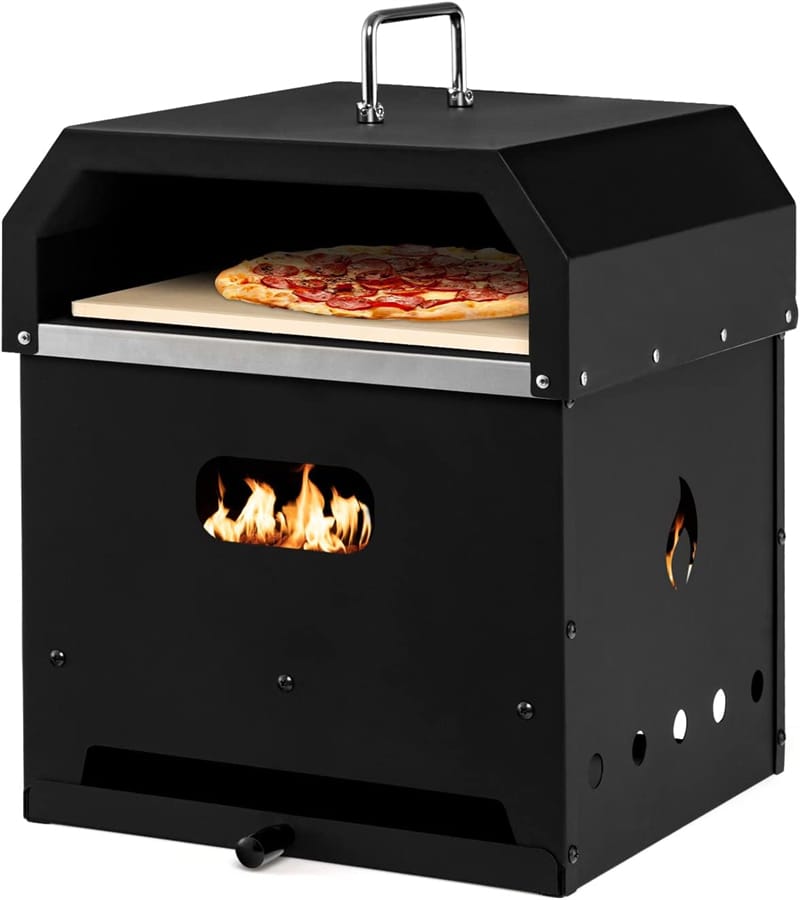 4-in-1 Multipurpose Outdoor Pizza Oven 2-Layer Wood Fired Pizza Oven Detachable Grill Oven Fire Pit with Ash Tray, Pizza Stone & Waterproof Cover