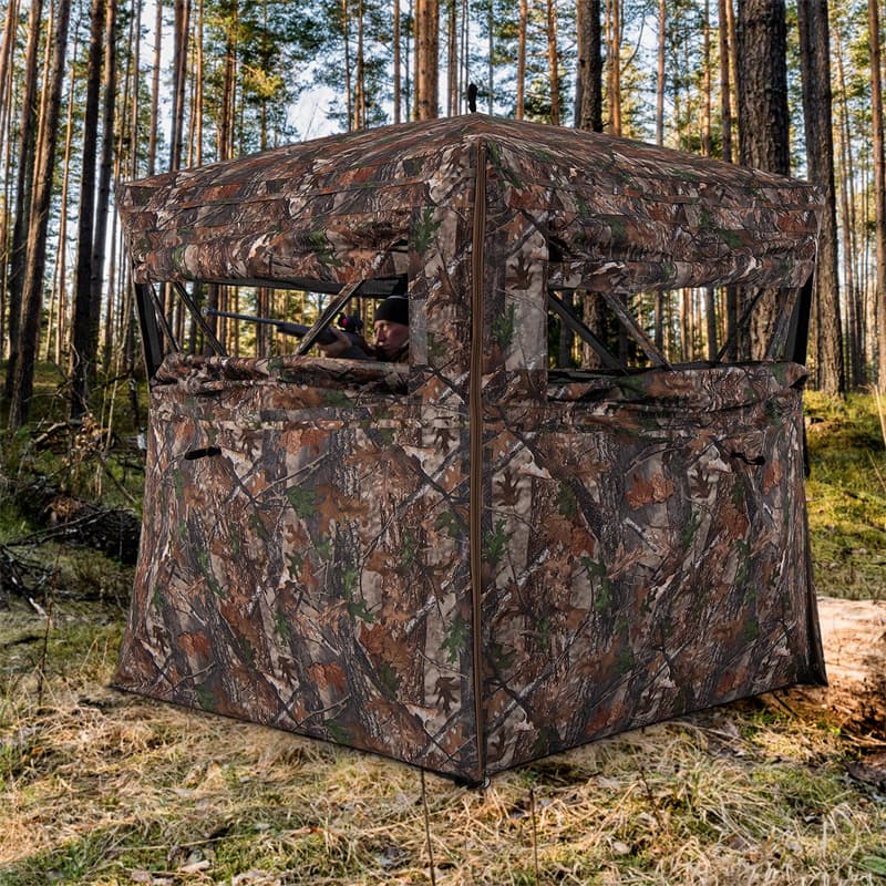 One-Way See-Through Hunting Blind 360 Degree Ground Blind 2-3 Person Camouflage Turkey Hunting Tent with Full-Open Door, Carrying Bag