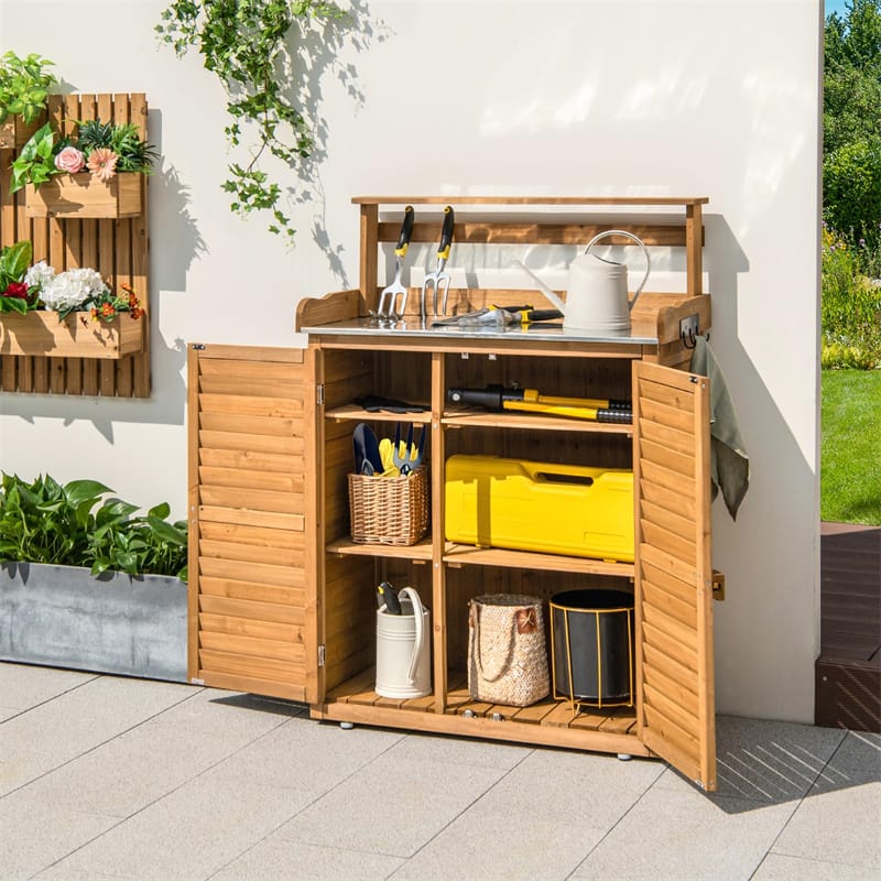 Outdoor Potting Bench Wood Garden Potting Table w/ Storage Cabinet, Galvanized Metal Tabletop & Removable Shelves, Workstation Shed for Patio Backyard