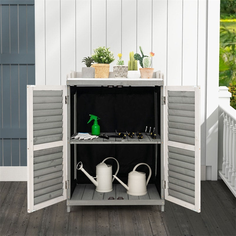 Outdoor Potting Bench Table Garden Storage Cabinet Solid Wood Potting Workstation with Metal Tabletop & Roll-up Side Door