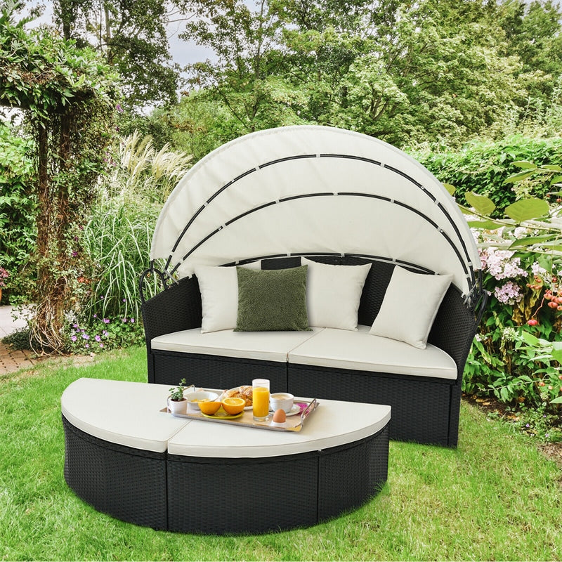 Outdoor Round Daybed with Retractable Canopy, Rattan Wicker Patio Furniture Clamshell Sectional Seating with Cushions & Pillows for Backyard