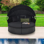 Outdoor Round Daybed with Retractable Canopy, Rattan Wicker Patio Furniture Clamshell Sectional Seating with Cushions & Pillows for Backyard