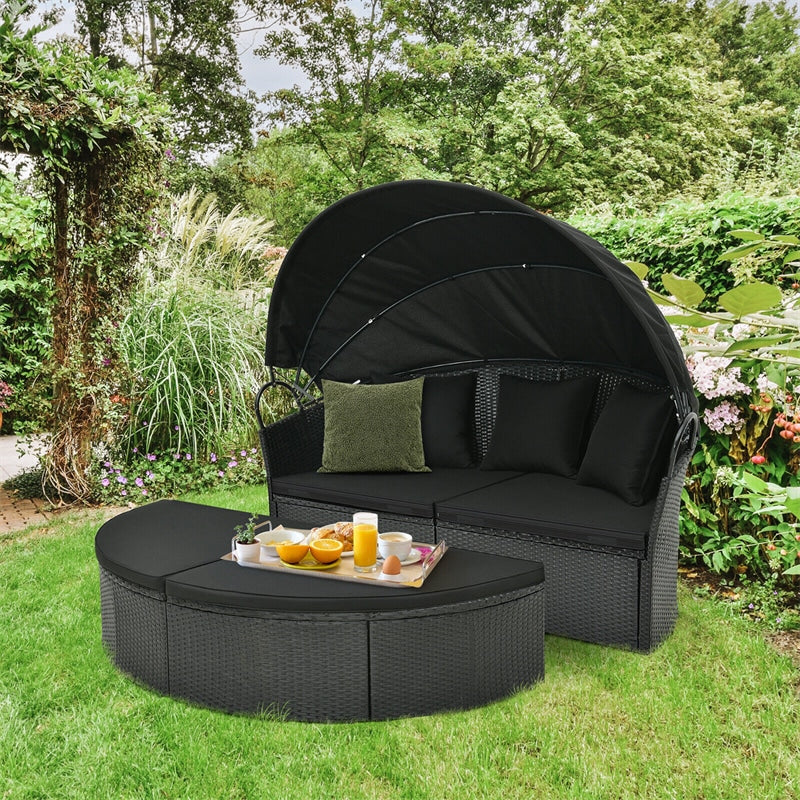 Outdoor Round Daybed with Retractable Canopy, Rattan Wicker Patio Furniture Clamshell Sectional Seating with Cushions & Pillows for Backyard