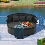 Outdoor Round Daybed with Retractable Canopy, Rattan Wicker Patio Furniture Clamshell Sectional Seating with Cushions & Pillows for Backyard