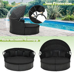 Outdoor Round Daybed with Retractable Canopy, Rattan Wicker Patio Furniture Clamshell Sectional Seating with Cushions & Pillows for Backyard