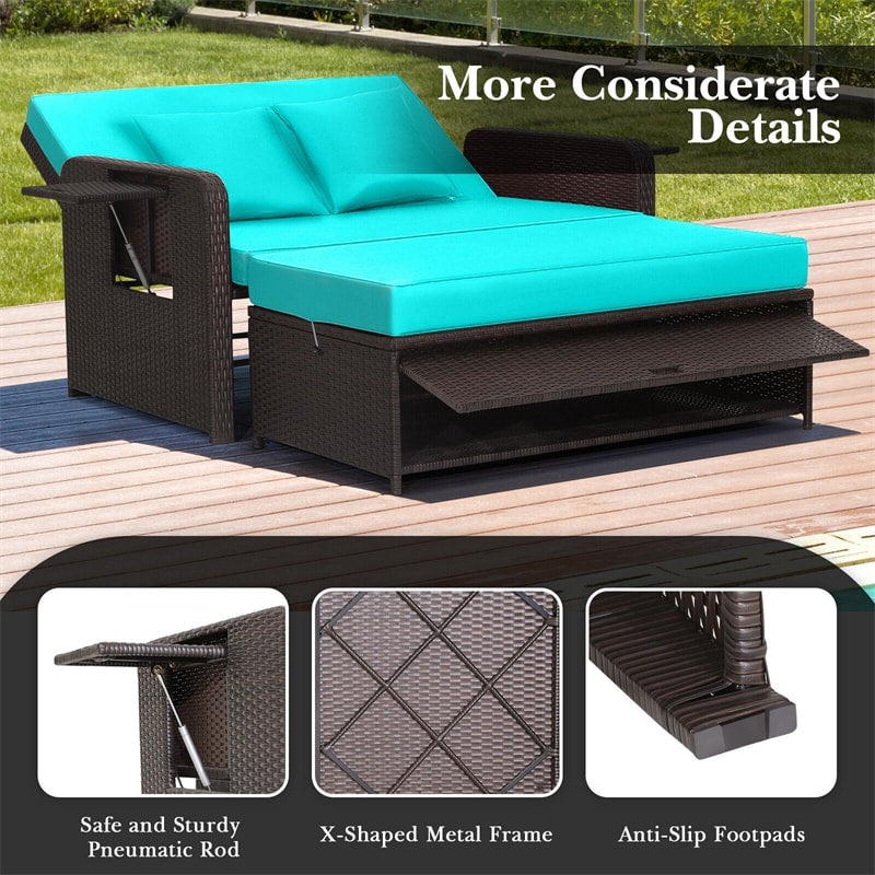 Outdoor Rattan Daybed Patio Wicker Loveseat Sofa with Cushions, Multipurpose Ottoman, Retractable Side Tray, Adjustable Double Chaise Lounge