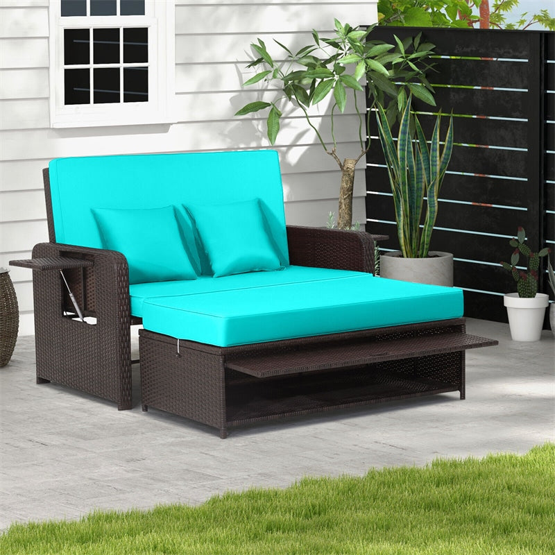 Outdoor Rattan Daybed Patio Wicker Loveseat Sofa with Cushions, Multipurpose Ottoman, Retractable Side Tray, Adjustable Double Chaise Lounge