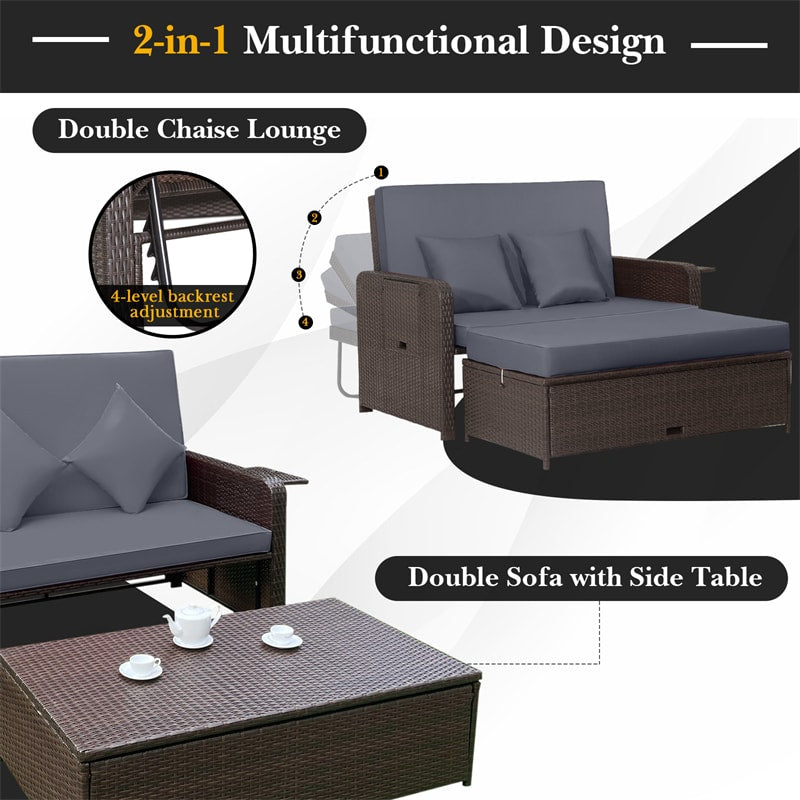 Outdoor Rattan Daybed Patio Wicker Loveseat Sofa with Cushions, Multipurpose Ottoman, Retractable Side Tray, Adjustable Double Chaise Lounge