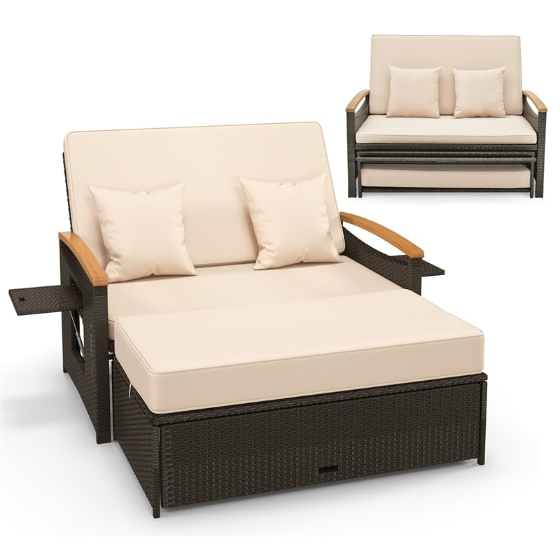 Patio Rattan Daybed Set Outdoor Double Chaise Lounge Adjustable Backrest with Cushioned Loveseat, Storage Ottoman & Retractable Side Tray