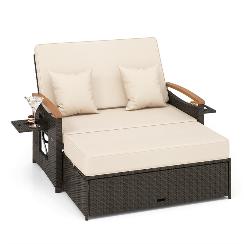 Patio Rattan Daybed Set Outdoor Double Chaise Lounge Adjustable Backrest with Cushioned Loveseat, Storage Ottoman & Retractable Side Tray