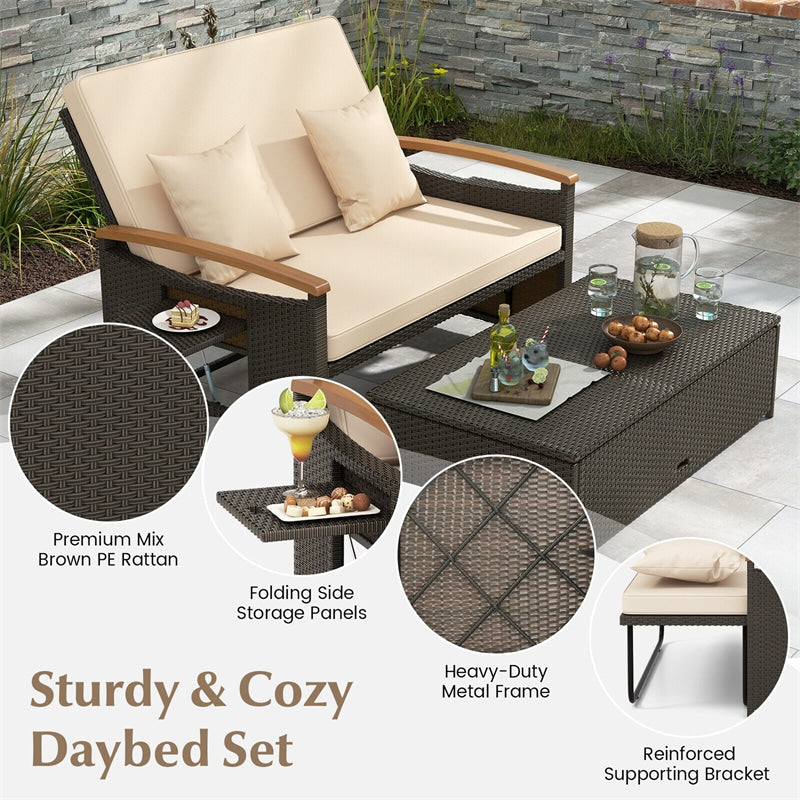 Patio Rattan Daybed Set Outdoor Double Chaise Lounge Adjustable Backrest with Cushioned Loveseat, Storage Ottoman & Retractable Side Tray