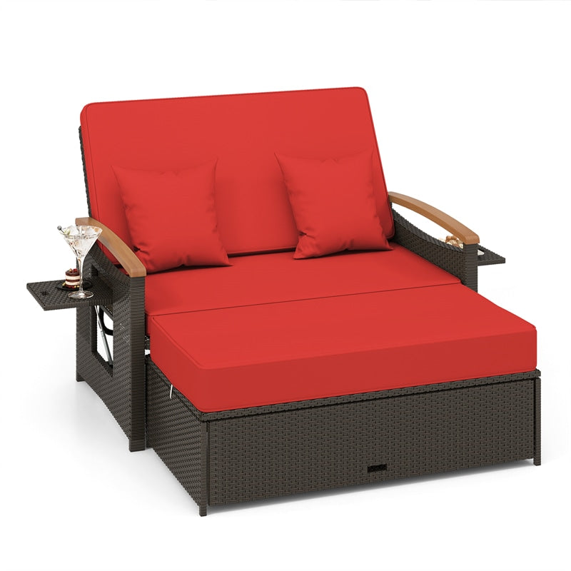 Patio Rattan Daybed Set Outdoor Double Chaise Lounge Adjustable Backrest with Cushioned Loveseat, Storage Ottoman & Retractable Side Tray