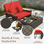 Patio Rattan Daybed Set Outdoor Double Chaise Lounge Adjustable Backrest with Cushioned Loveseat, Storage Ottoman & Retractable Side Tray