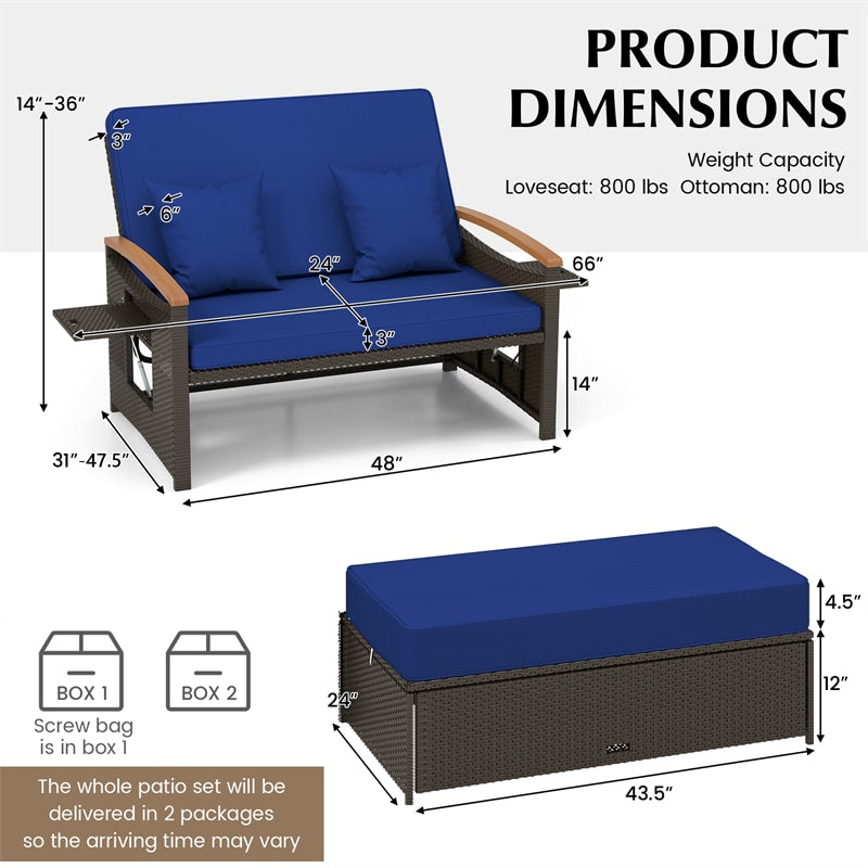 Patio Rattan Daybed Set Outdoor Double Chaise Lounge Adjustable Backrest with Cushioned Loveseat, Storage Ottoman & Retractable Side Tray