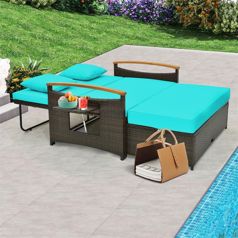 Patio Rattan Daybed Set Outdoor Double Chaise Lounge Adjustable Backrest with Cushioned Loveseat, Storage Ottoman & Retractable Side Tray